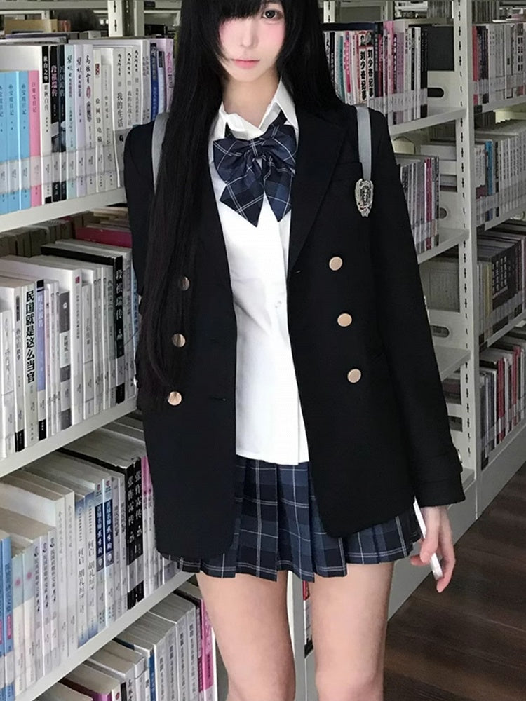 Blue JK Decorated Badge Uniform Dark Preppy Blazer Style