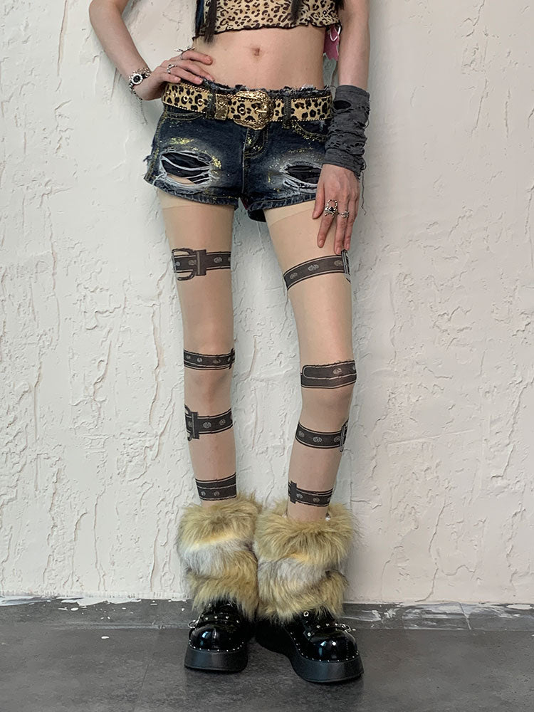 Ensemble de collants à bretelles et boucles punk nude, jambières hirsutes blanches et marron