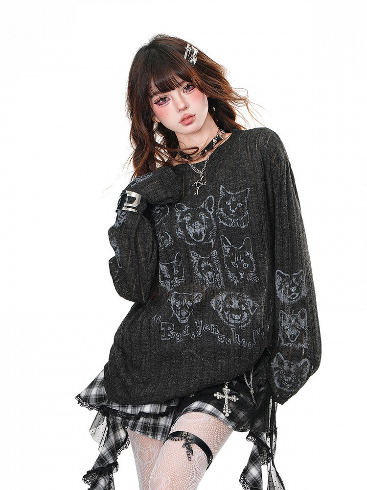 Neck Puppy Round Semi-sheer Top and Kitty Print Loose Black/Beige