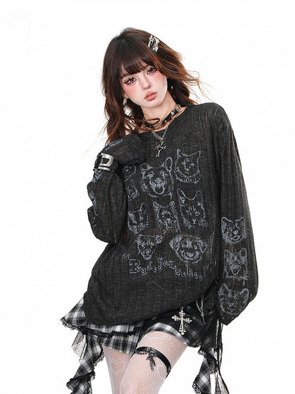 Neck Puppy Round Semi-sheer Top and Kitty Print Loose Black/Beige