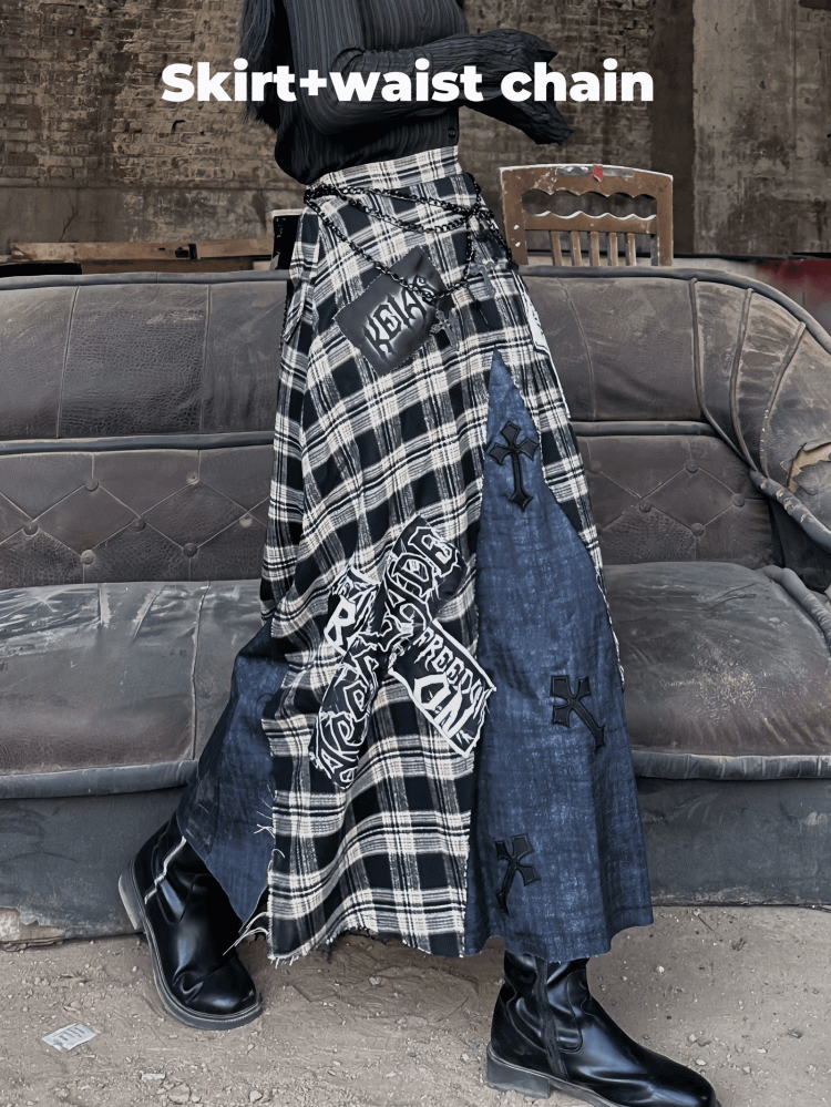 Wasteland Cross Appliques Plaid Patchwork Design Skirt Punk