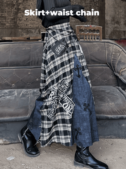 Wasteland Cross Appliques Plaid Patchwork Design Skirt Punk