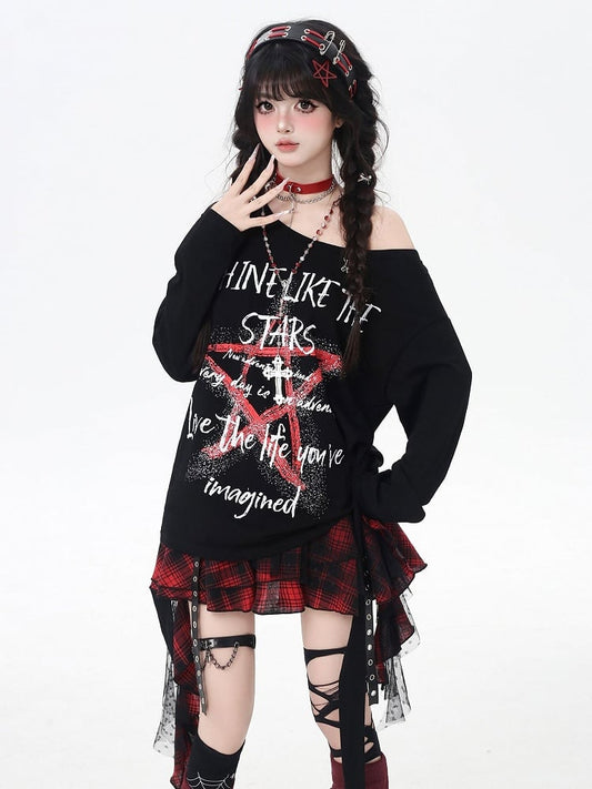 Top Black Asymmetrical Neckline Star Graffiti Print Loose
