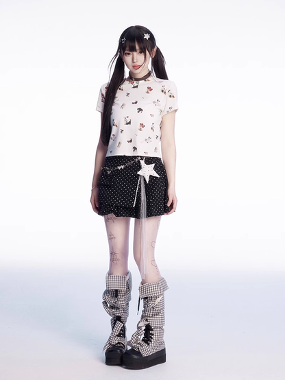 Dot Thigh-Length Skirt Black Polka