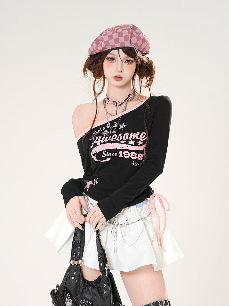 Black/White Asymmetrical Neckline Drawstring Waist Graphic Top