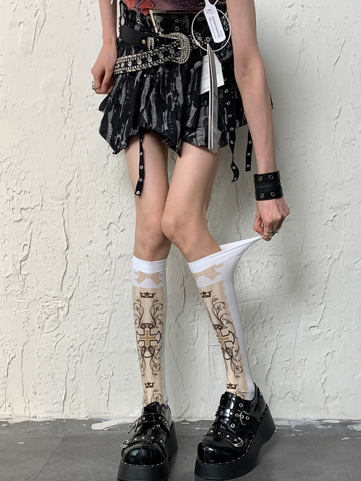 Y2K Stockings White Bowknot Underknee Cross Print And