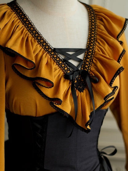 Pumpkin Orange Lace-up Structured Ruffles V-neck Long Sleeves Blouse