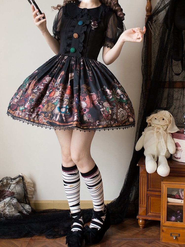 Black Square Neckline Dark Rabbit Print Lolita Jumper Skirt