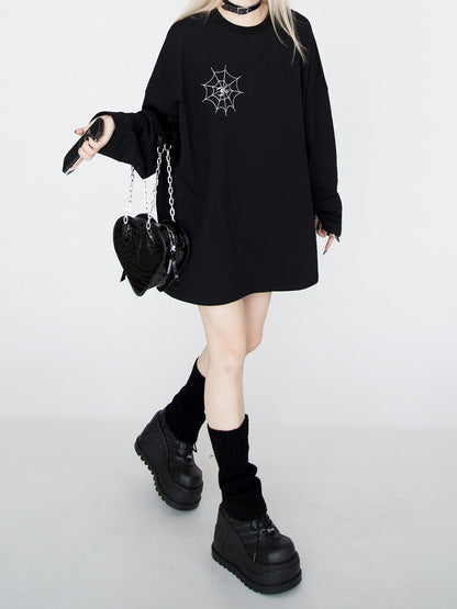 Spiderweb Embroidered Black Sweatshirt with Detachable Metal Spider
