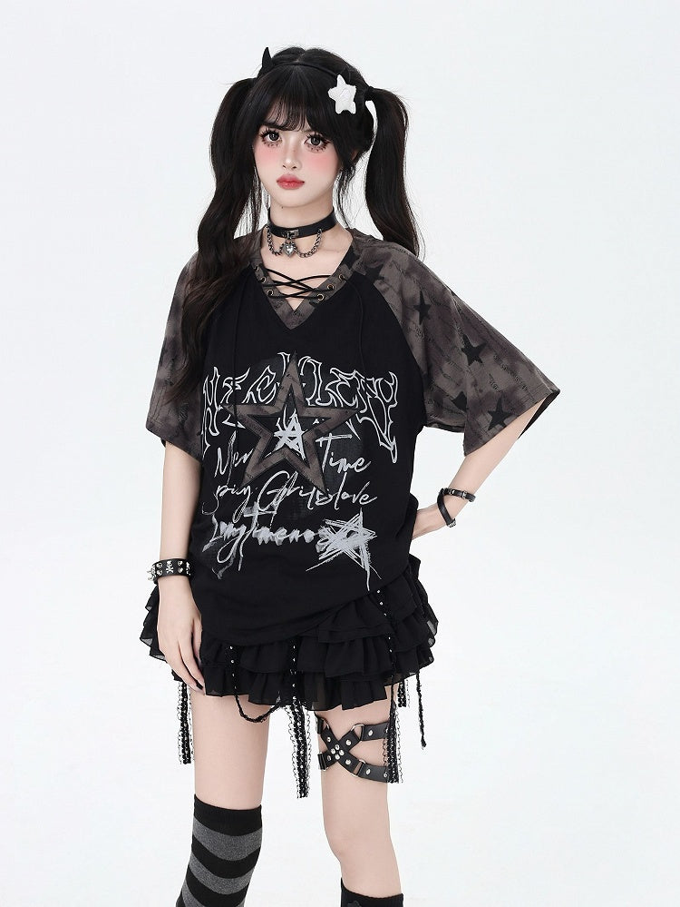Design Lace-up V-Neck Star T-Shirt Loose Black Colorblock Print