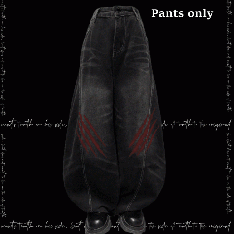 Faded Scratch Print Distressed Punk Wide-Leg Jeans Wash Black