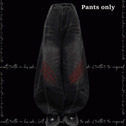 Faded Scratch Print Distressed Punk Wide-Leg Jeans Wash Black