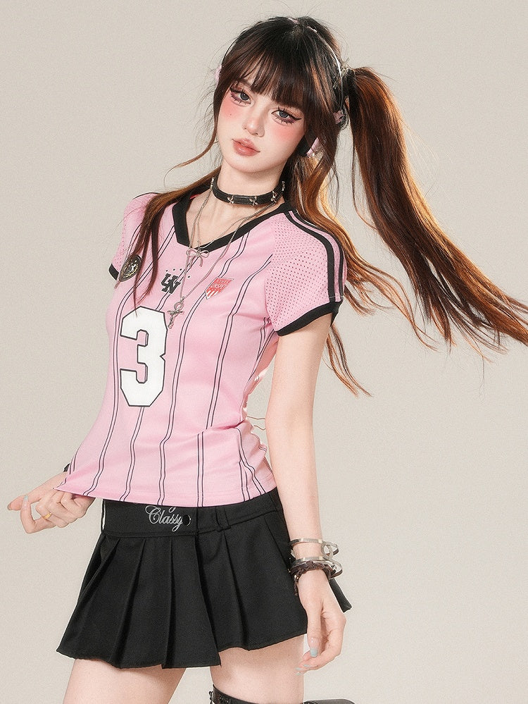 Glamorous T-shirt Print Number Striped Pattern V-neck Pink