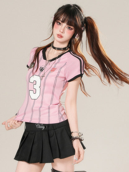 Glamorous T-shirt Print Number Striped Pattern V-neck Pink