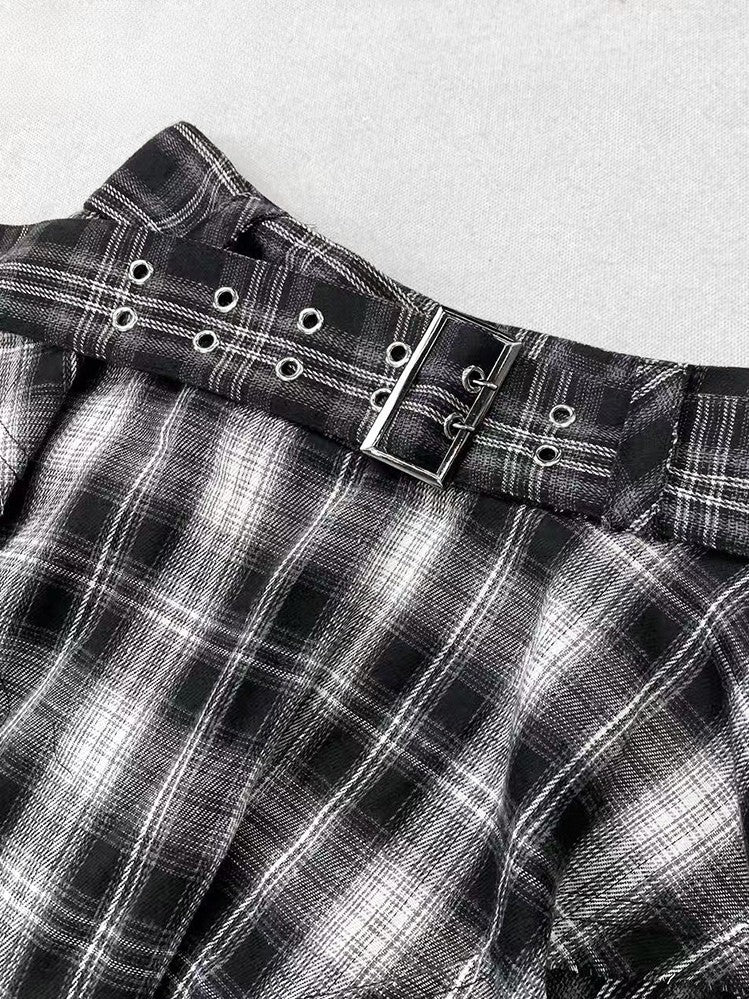 Dye Tie Design + Plaid Cami Pattern Dress Top Neck Asymmetrical Skirt Detail White Black Hem Halter Spiderweb