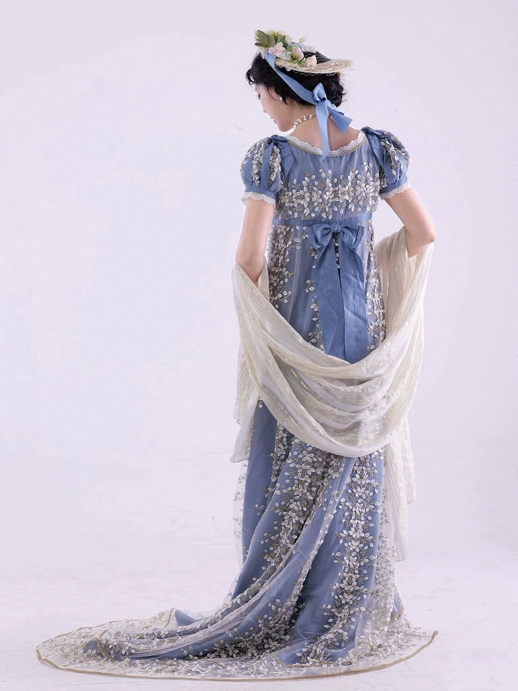 Blue Empire Waist Floral Elegant Lolita Maxi Dress Floor Length Version