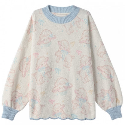 Beige Cute Lamb Pattern Sweater with Scalloped Edge Trim