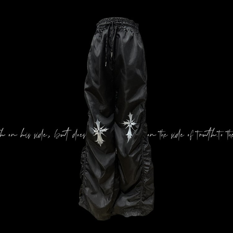 Waist Cross Print Design Drawstring Black Ruched Casual Pants