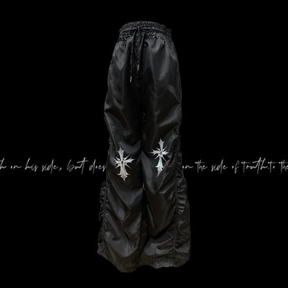 Waist Cross Print Design Drawstring Black Ruched Casual Pants