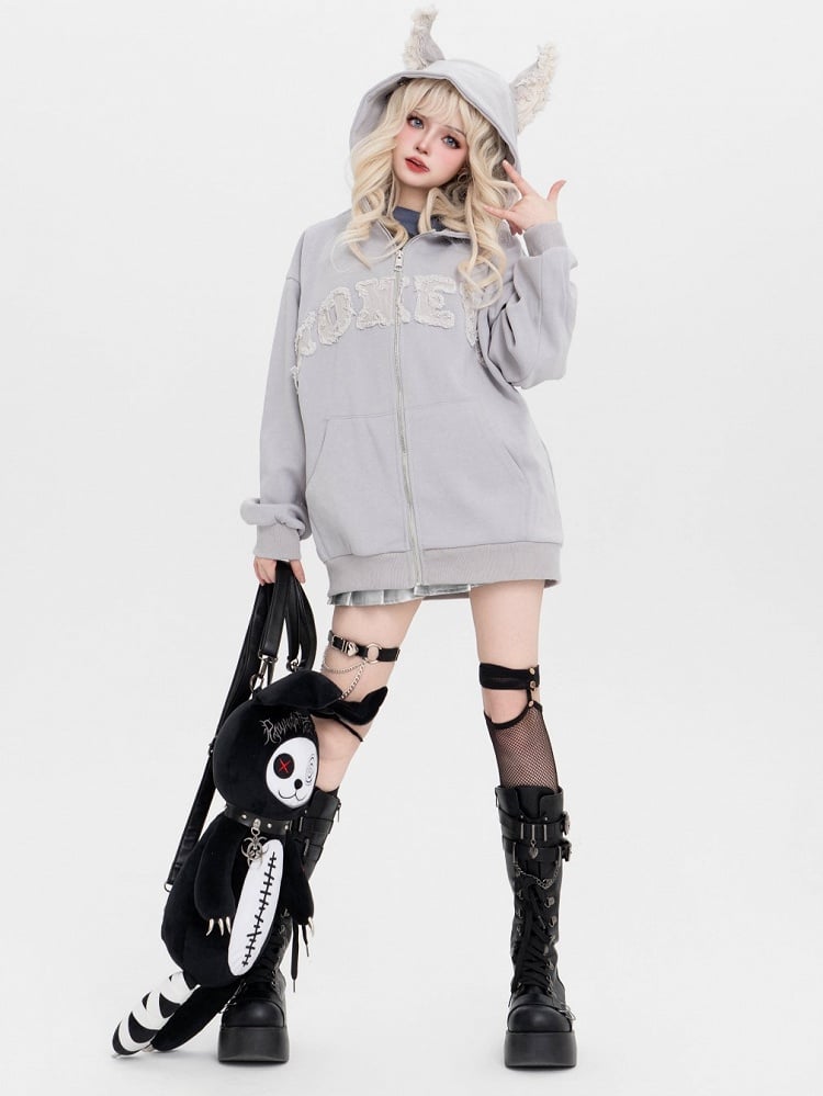 Leichter Hoodie Welpe Buchstaben Fleece und Ohren Grau Druck Applikation mit