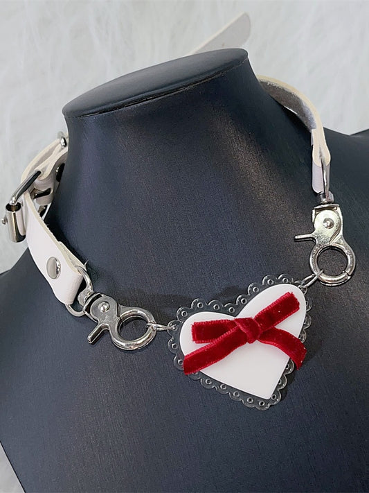 White Heart-shaped Pendant Red Bow Buckle Choker