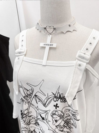 Black/White with T-shirt Gothic Off-Shoulder Choker Y2K Free Angel Heavenly