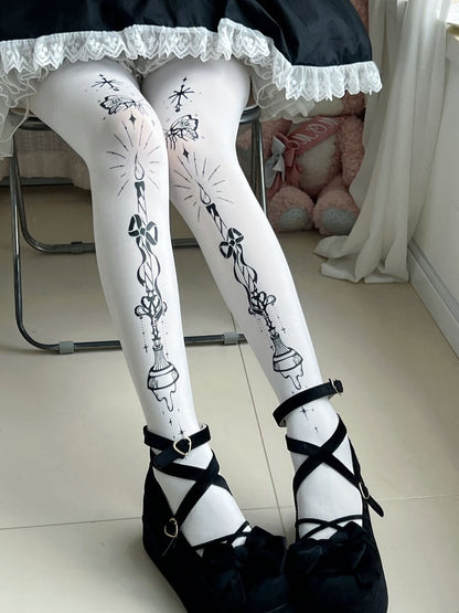 Tights Butterfly and Candelabra Print Gothic Lolita White