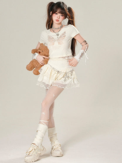 Lace T-shirt Butterfly Beige/Black Glamorous Bittersweet