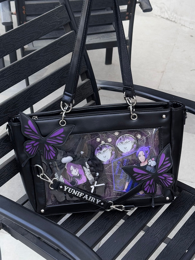 Purple Detachable Butterfly Spiderweb Detail Black Ita Shoulder Bag