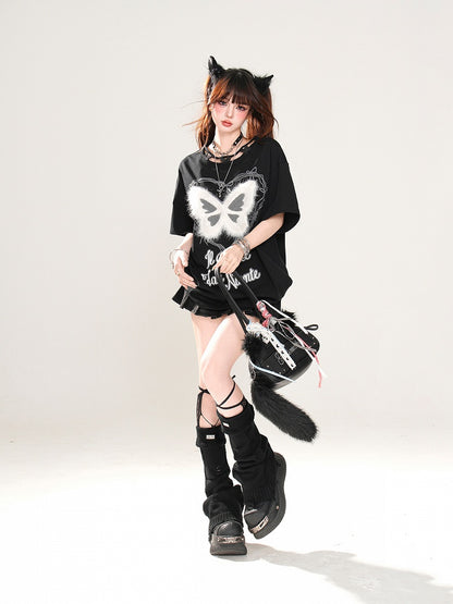 Butterfly Design Neckline Plush Butterfly Pink/Black Graphic T-shirt