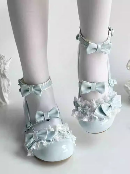 Lolita - Schnallen-Schleifendetails Jane Low Lace Schuhe Herzförmige Mary mit und blauem Absatz Süß