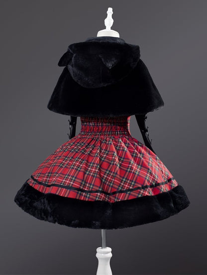Robe à carreaux avec ourlet en peluche et oreilles de chat rouges de Noël, jupe pull Lolita