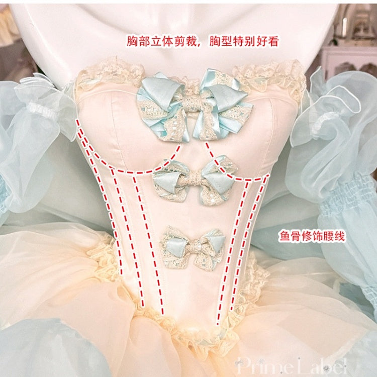 Green Bowknots Decoration Bodice Corset Top with and Puffy Skirt Yellow Set Balletcore