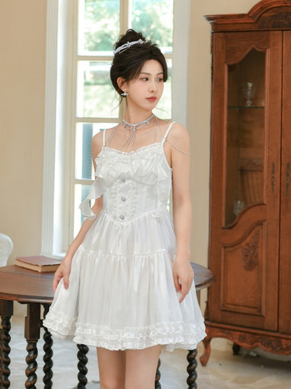 and Train White Satin Lolita Dress with Detachable Shiro Balloon Sleeves