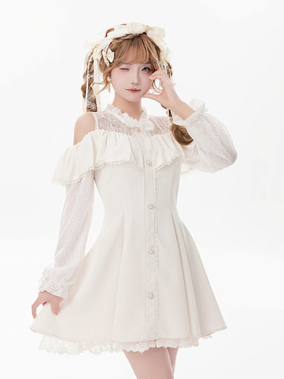 Beige Illusion Neckline Cutout Shoulder Jirai Kei Long Sleeves Dress with Bow Tie