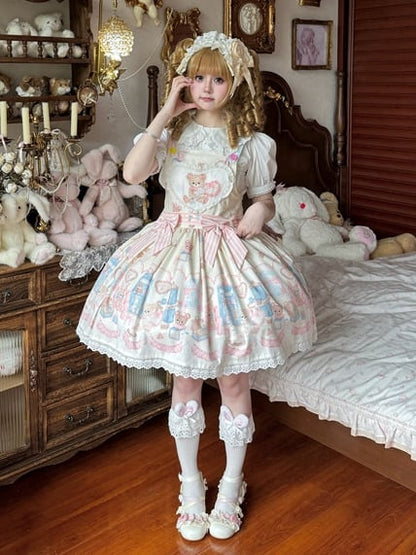 Overall Plush Bunny Creamy Lolita White Dress Print and Toy Sweet Teddy