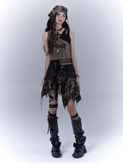 Grünes, geschnürtes Schulter- und asymmetrisches Saum-Tanktop Wasteland Punk Army