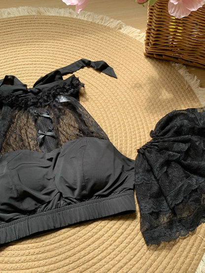 Sleeves Detachable Halter Lace Top Black with Neck Flutter Cropped