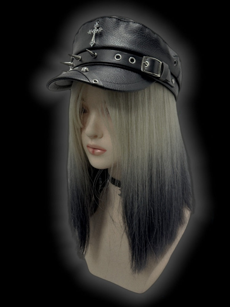 Y2K Black Cross Charm Buckle Strap Studs Adorned Punk Beret