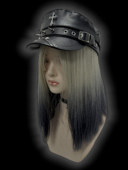 Y2K Black Cross Charm Buckle Strap Studs Adorned Punk Beret