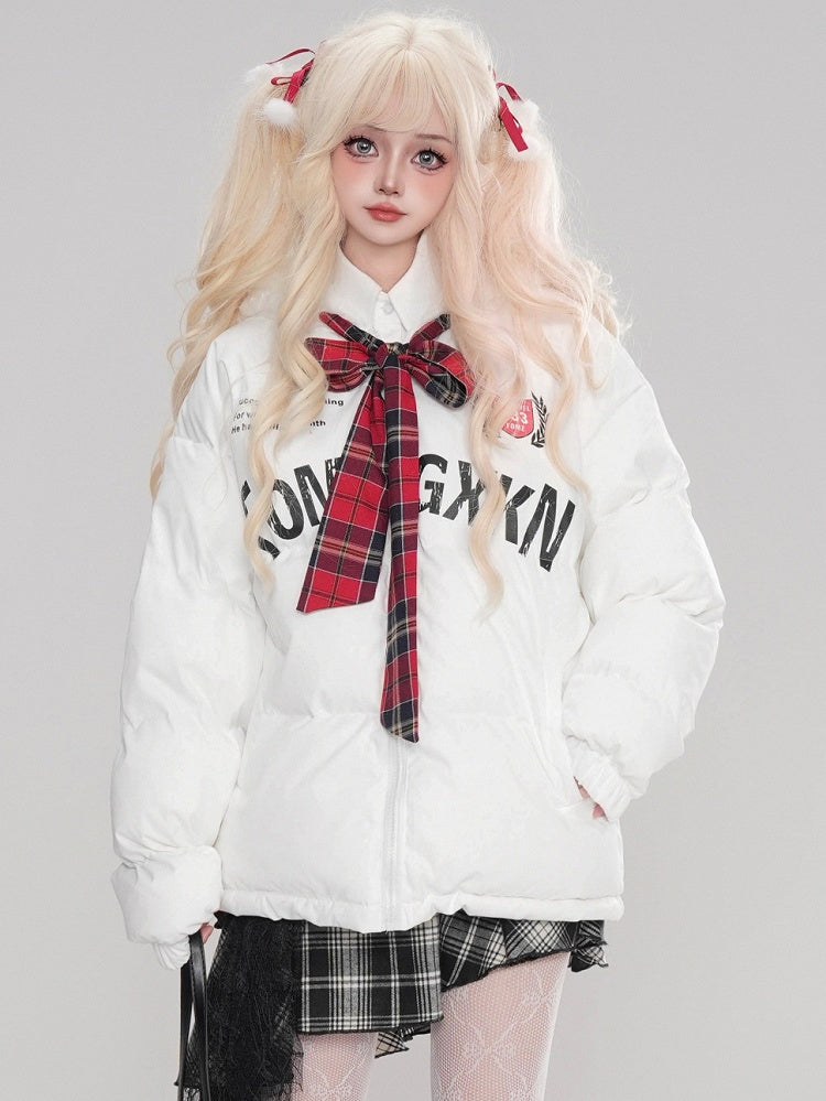 Black/White Letters Print Self-tie Bowknot Hooded Thick Jacket