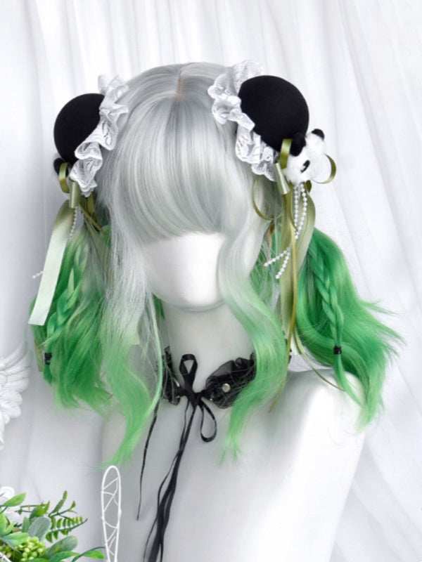 Silver-green Ombre Shoulder Length Wavy Wig With Full Bangs
