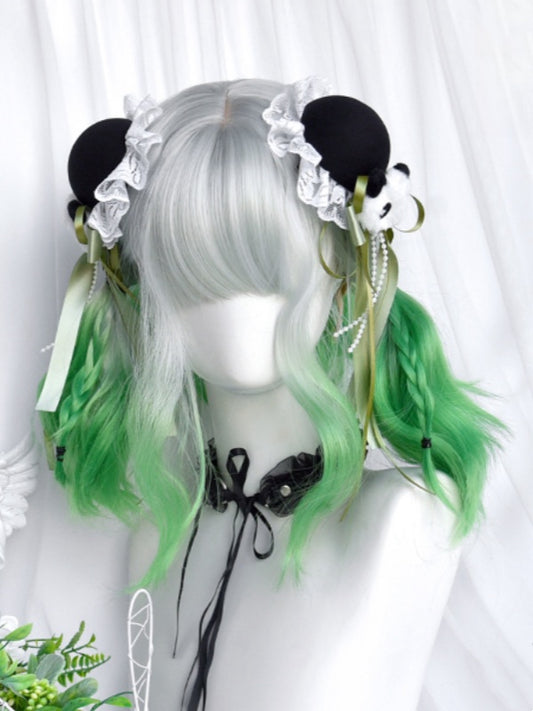 Silver-green Ombre Shoulder Length Wavy Wig With Full Bangs