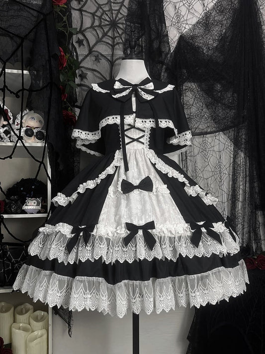 Black and White Old School Lolita Fashion Dress Bowknot Lolita JSK Set