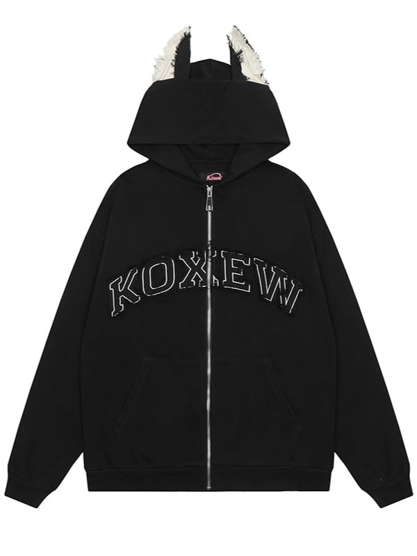 Und Applikation Puppy Hoodie Schwarz Buchstaben Fleece mit Ohren Druck