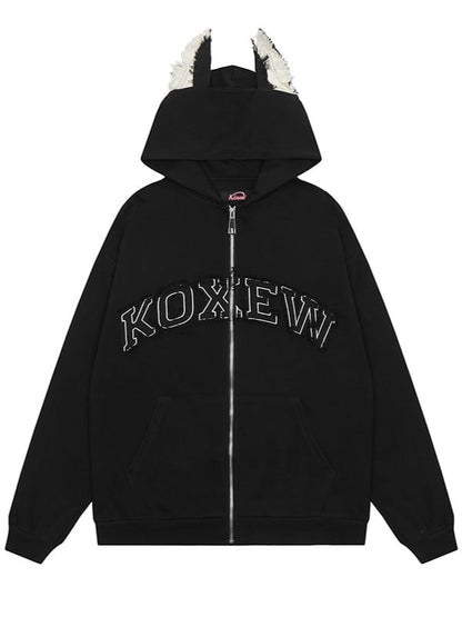 Und Applikation Puppy Hoodie Schwarz Buchstaben Fleece mit Ohren Druck