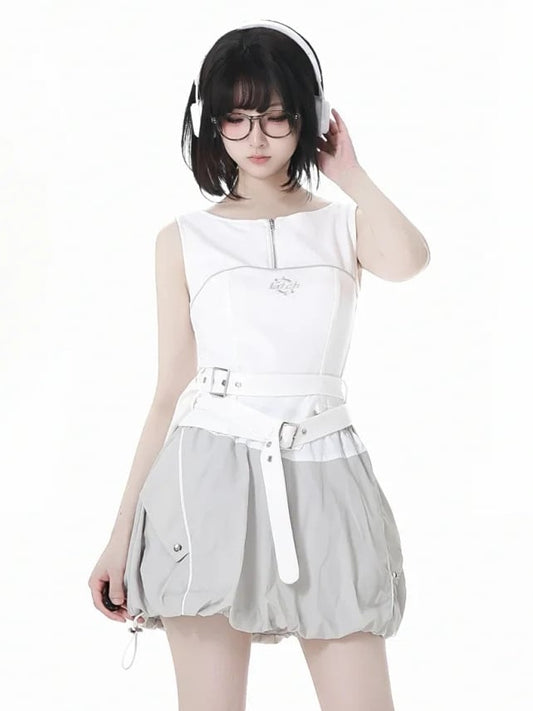 White Zipper Neckline Buckle Straps Techwear Tank Top