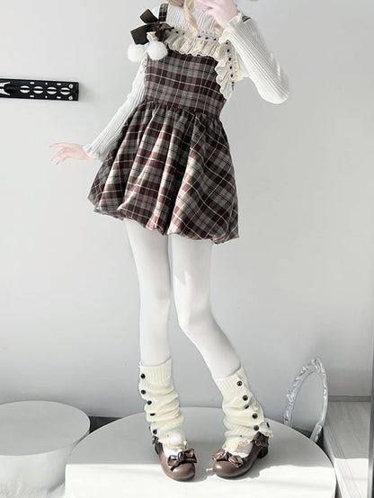 Brown Plaid Ruffled Trim Bubble Dress + White Top Set
