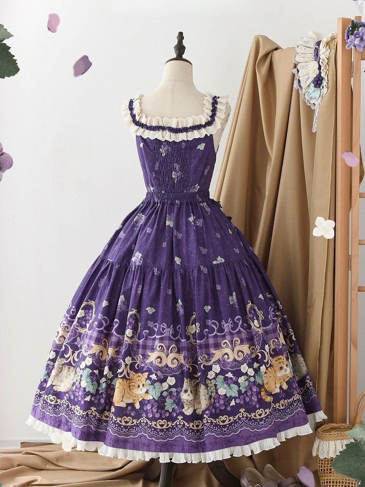 Purple Lolita Scalloped Neckline Eyelet Trim Print Cami Grapes Top