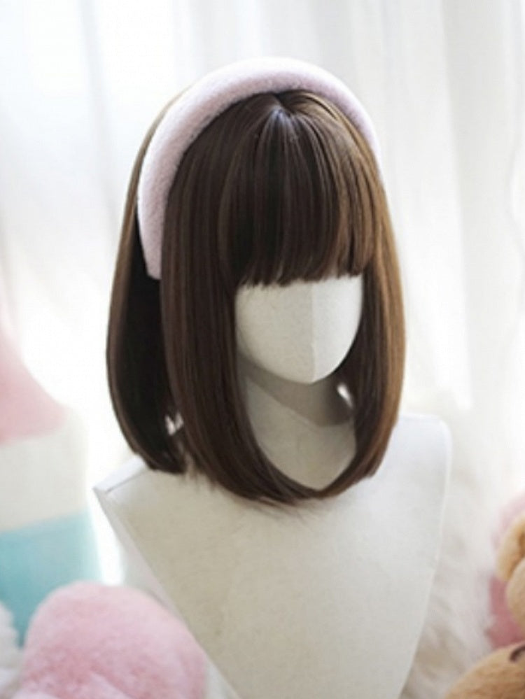 Dark Brown Bob Cut Shoulder Length Straight Wig With Full Bangs